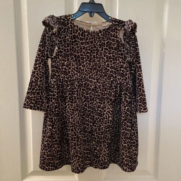 Crewcuts J Crew Ruffle Shoulder Dress in Leopard Velvet Girls Size 3 - Picture 1 of 10